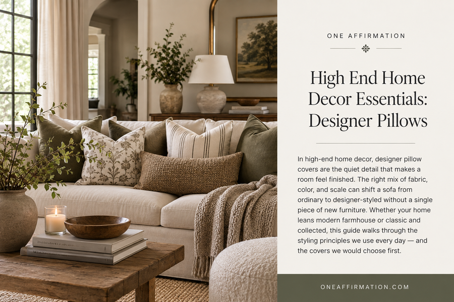 High-end neutral living room with layered designer pillow covers in olive green, floral, striped, and textured neutral fabrics on a cream sofa.