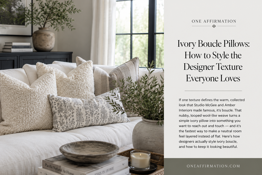 Ivory boucle pillows layered with a patterned lumbar pillow on a bright cream sofa in a modern living room.