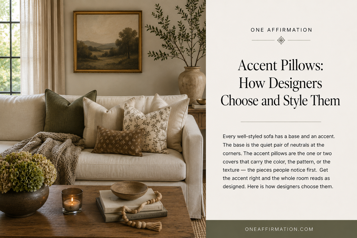 Neutral living room styled with layered accent pillows in olive, cream and brown, showing how designers mix patterns, textures and colors.