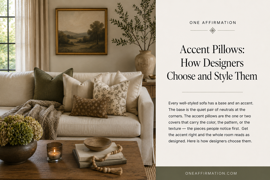 Neutral living room styled with layered accent pillows in olive, cream and brown, showing how designers mix patterns, textures and colors.