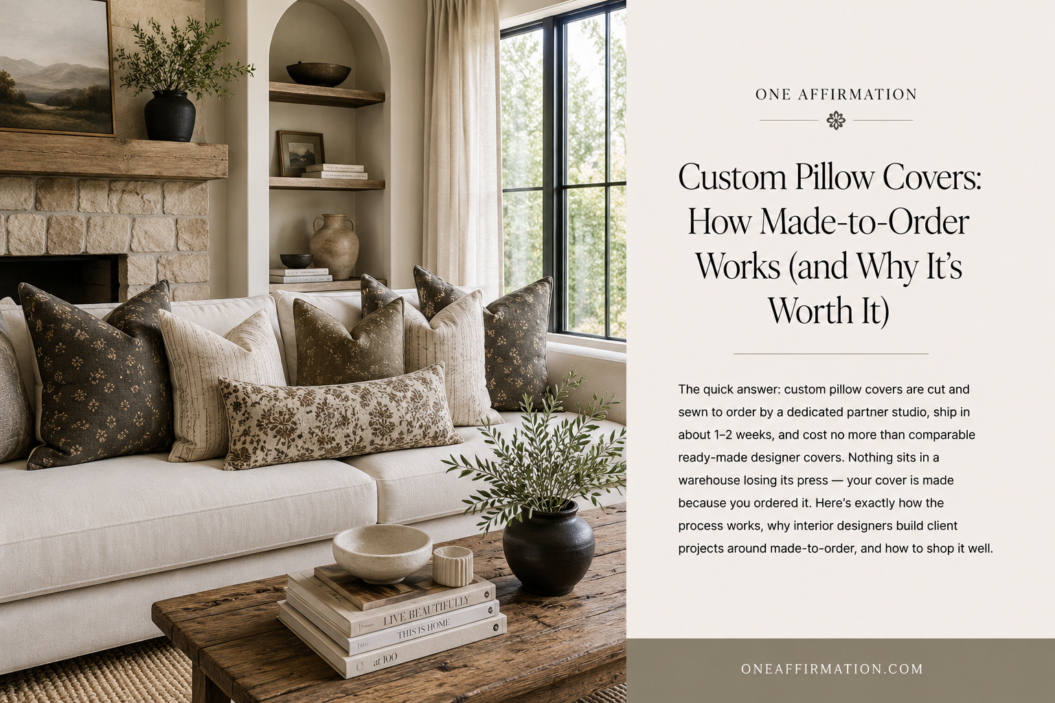 Custom designer pillow covers layered on a cream sofa in a warm, modern living room.