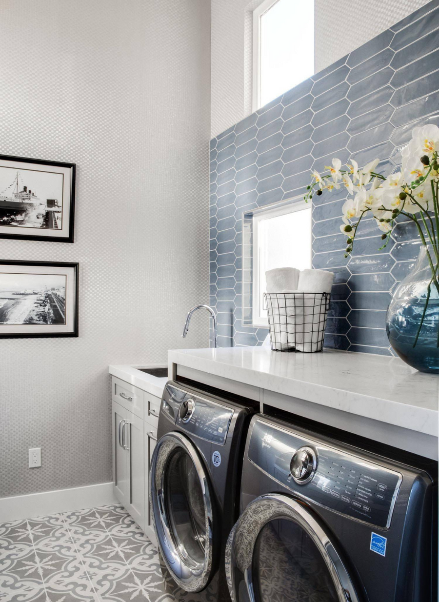 modern room with washer and dryer in it