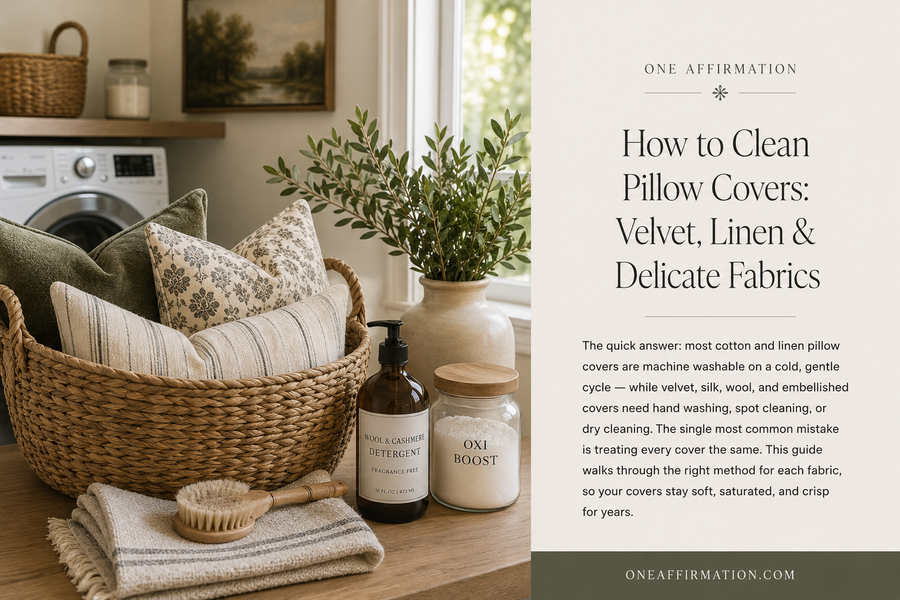 Velvet, linen, and patterned pillow covers displayed with fabric-care supplies in a bright laundry room.