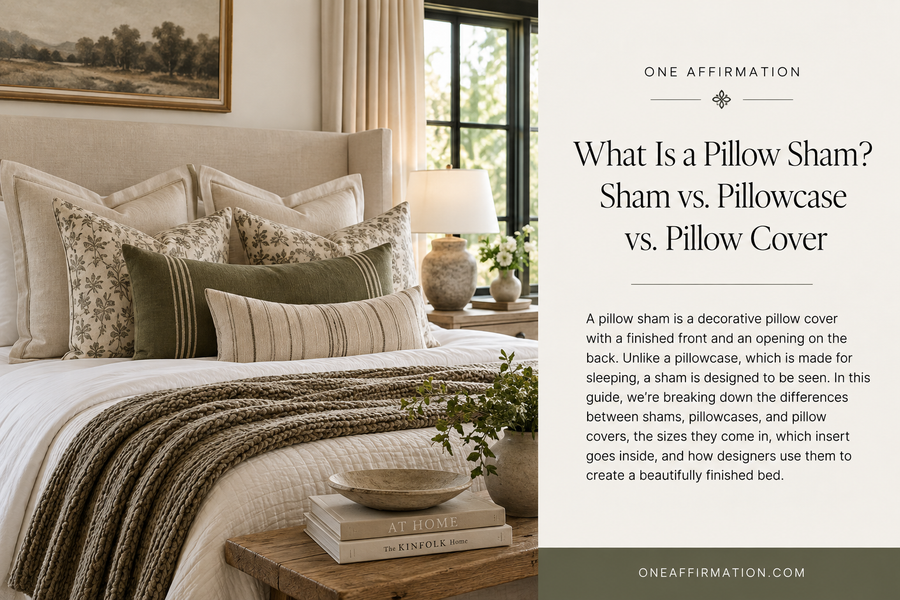 Neutral designer bedroom with layered pillow shams, floral pillow covers, olive lumbar pillows, textured bedding, and warm natural accents.