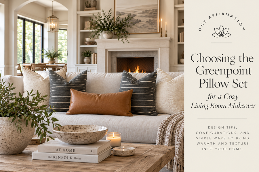 Greenpoint Pillow Set styled on a cream sofa with charcoal striped pillows, cream textured pillows, and a cognac leather lumbar in a bright modern farmhouse living room.