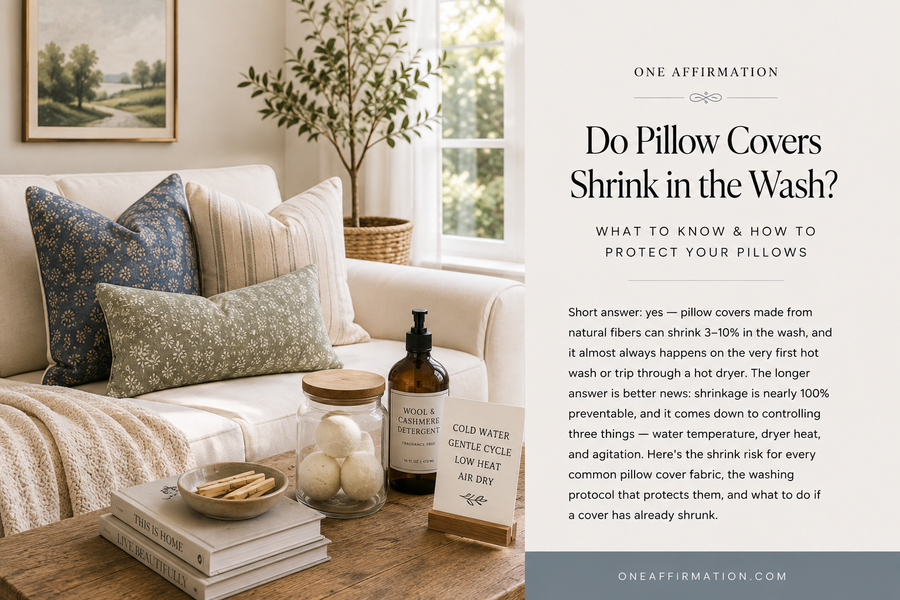 Cream sofa with blue, sage, and neutral pillows styled beside fabric care supplies for preventing shrinkage.