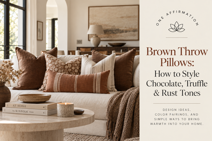 Light and airy modern farmhouse living room styled with layered brown, chocolate, truffle, rust, and neutral throw pillows on a cream sofa, featuring One Affirmation’s guide to styling brown throw pillows.