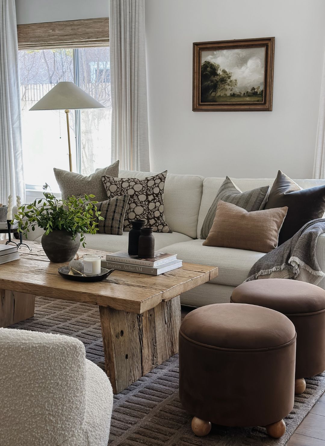 a view of a living room with a couch with designer throw pillows