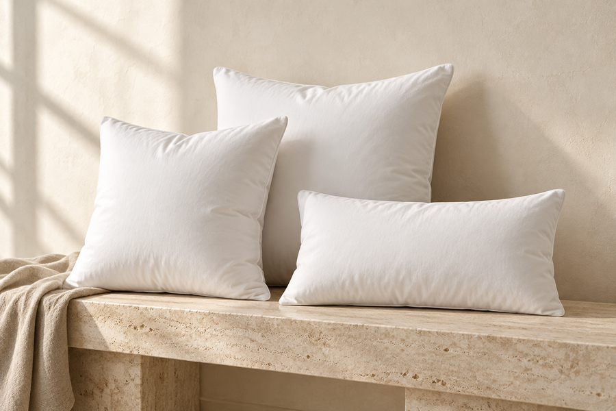Three white down alternative pillow inserts, two squares and one lumbar, on a travertine bench in soft morning light