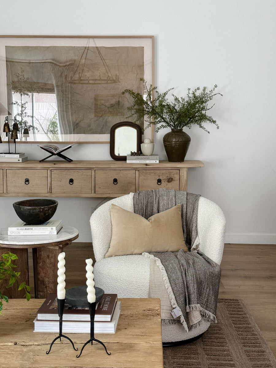 Neutral accent chair styled with decorative throw pillows in modern living room setting