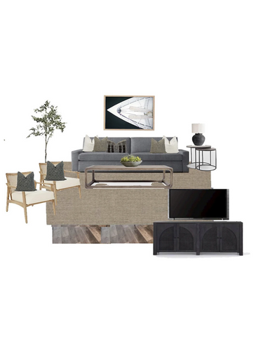Various Living Space items on a white background with designer throw pillows