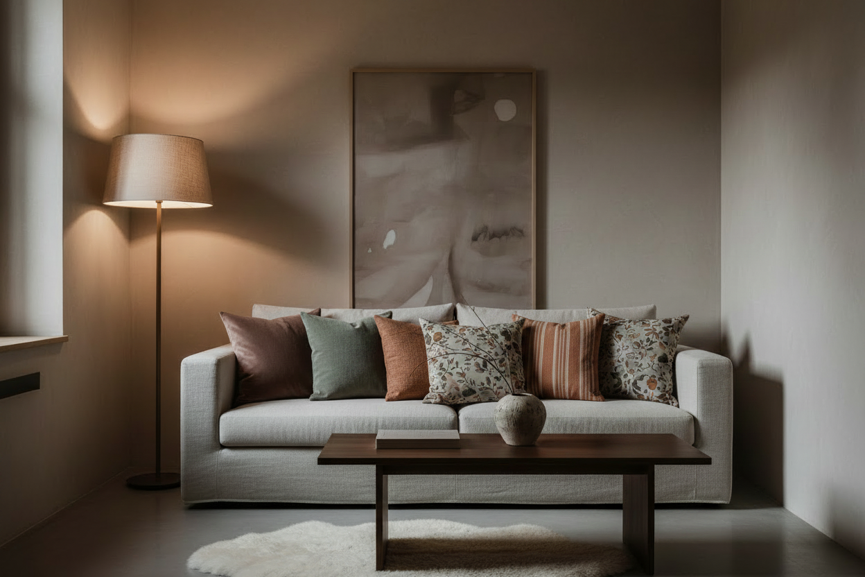 throw pillows with moody colors in small living room space