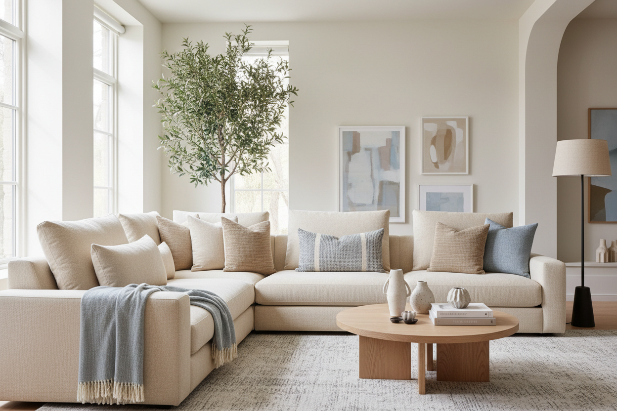 luxury neutral living room with a cream sectional sofa styled with layered designer throw pillows, modern artwork, natural greenery, and warm organic decor.
