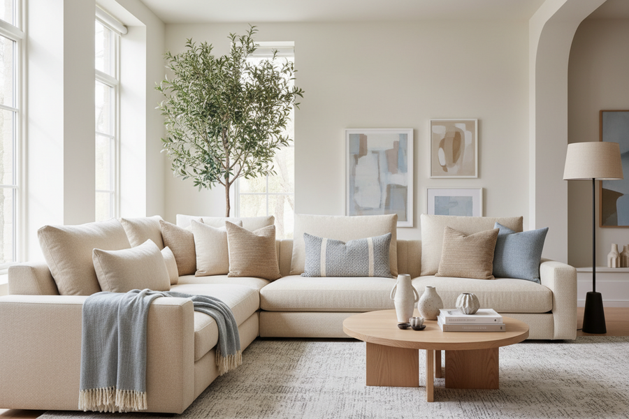 luxury neutral living room with a cream sectional sofa styled with layered designer throw pillows, modern artwork, natural greenery, and warm organic decor.
