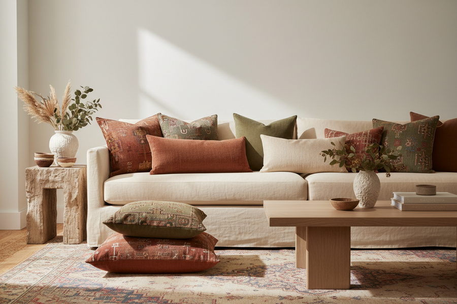 Cream couch styled with rust, terracotta, camel, olive, ivory and navy throw pillows in a warm modern living room.