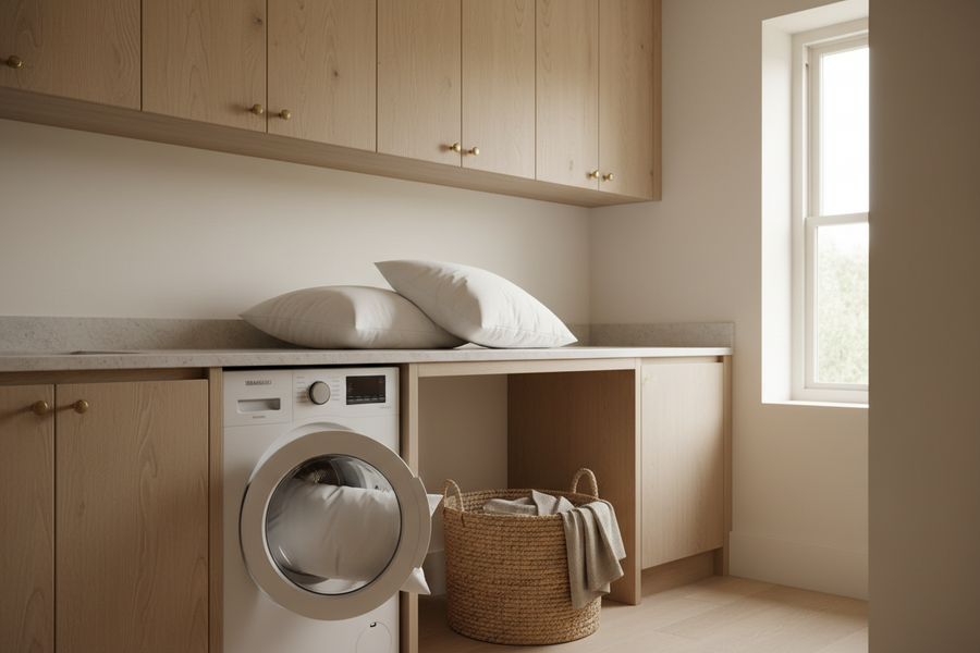 White pillow inserts beside a washing machine in a bright modern laundry room, showing how to wash and care for down, down-alternative, and polyester pillow inserts.