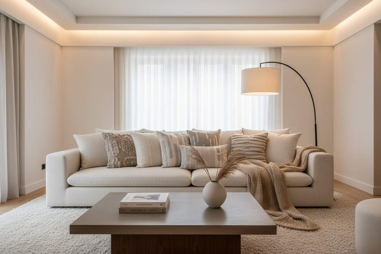 Textured throw pillow covers layered on a neutral sofa in a modern, designer-style living rooom