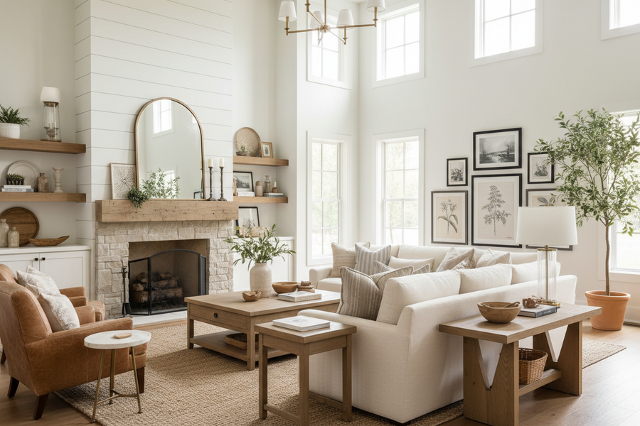 Modern rustic living room with cream sofa, layered throw piilows, warm wood accents, open shelving and a cozy fireplace.