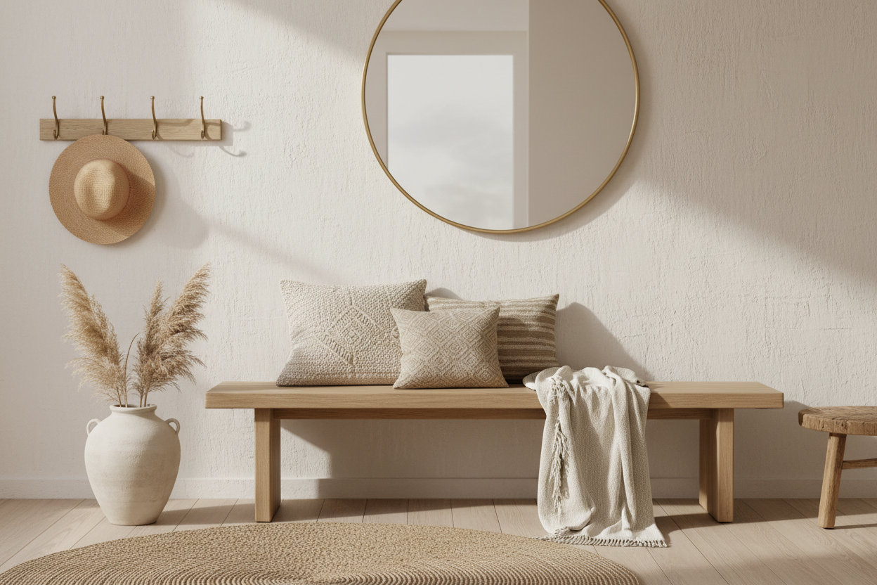 Neutral decorative pillow covers on bench for entryway. 