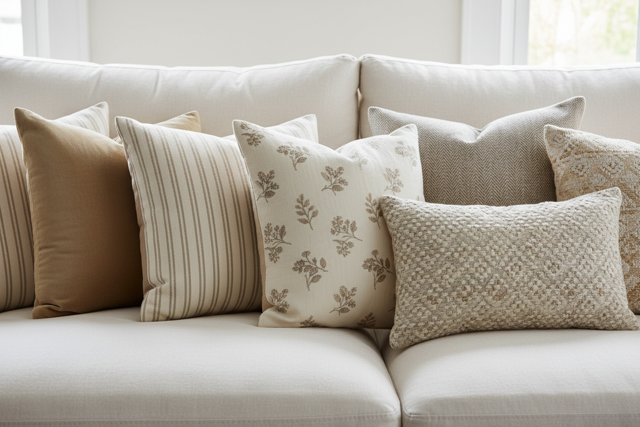 Neutral pillow set layered on sofa with texture designer pillows
