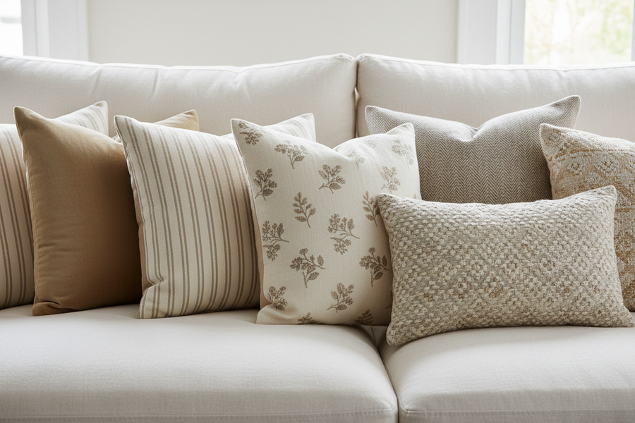Neutral pillow set layered on sofa with texture designer pillows