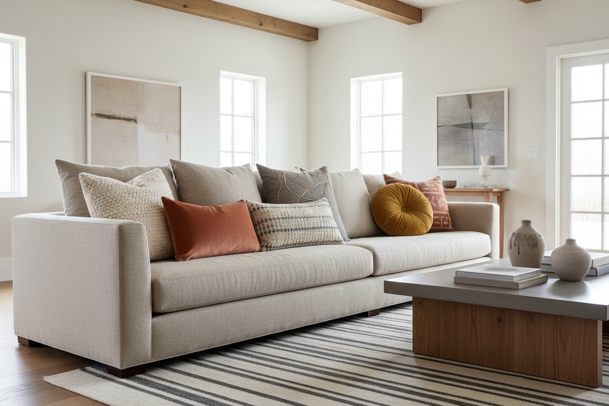 Designer throw pillows featuring linen, boucle, velvet, and woven textures styled in a luxury living room