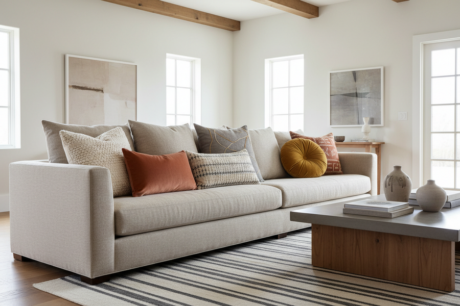 Designer throw pillows featuring linen, boucle, velvet, and woven textures styled in a luxury living room