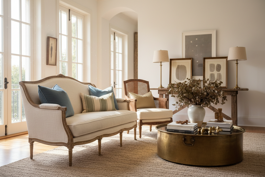 Vintage settee styled with luxury throw pillows in a bright, elegant living room featuring antique furniture and timeless home decor.