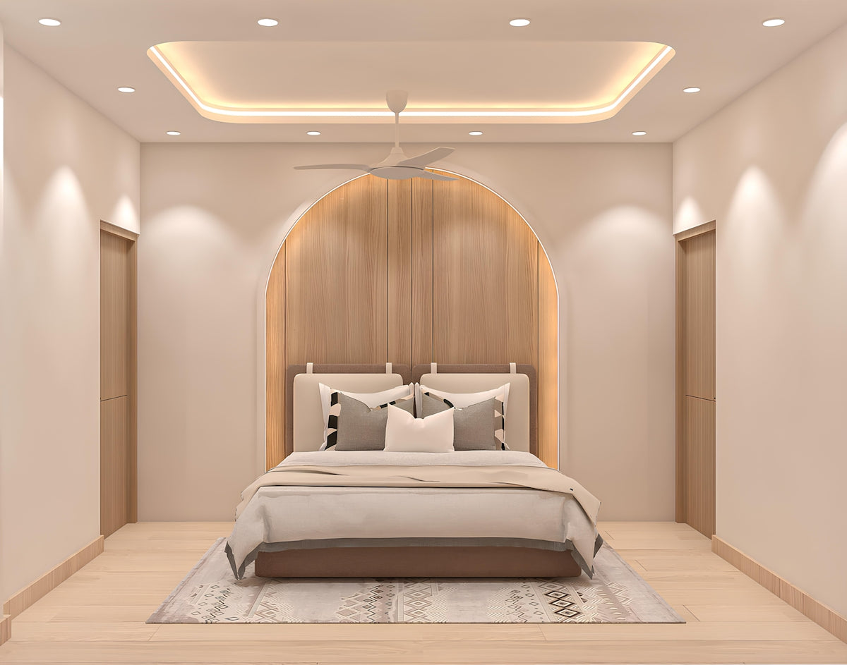 neutral bedroom styled with layered throw pillows and designer pillow covers