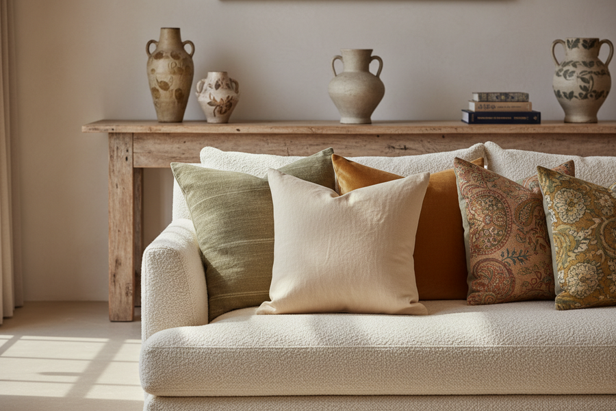 Designer sofa styled with full, plush throw pillows in warm ivory, muted olive, rust, and vintage-inspired patterns, showcasing a layered luxury pillow arrangement.
