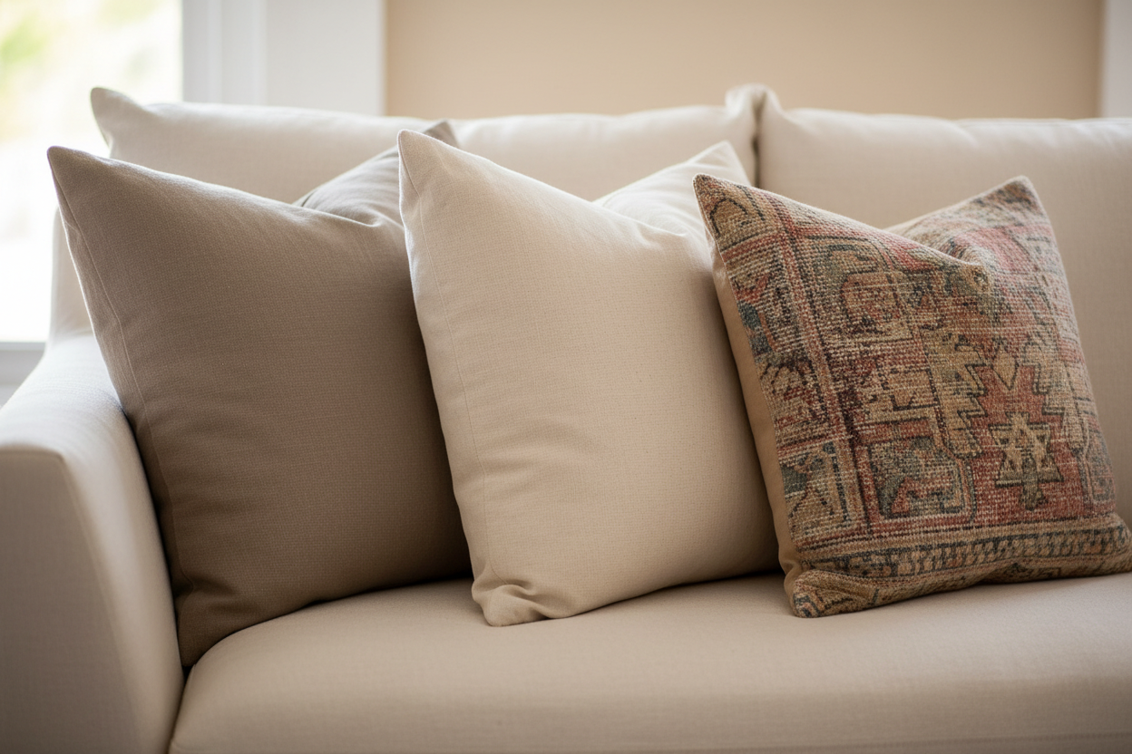 Plush down and down-alternative throw pillow inserts styled with neutral and vintage-patterned pillow covers on an ivory sofa.