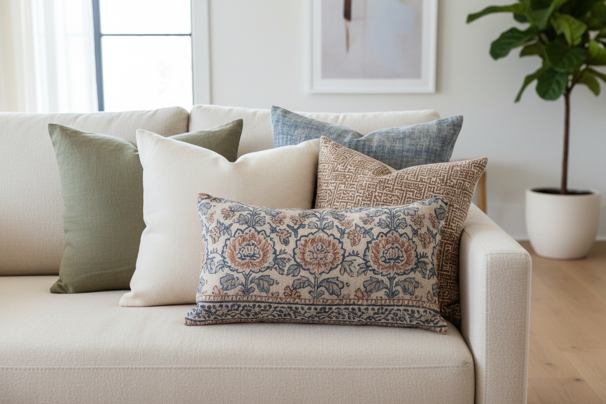 Five decorative pillow covers on neutral beige sofa with art and tree in background 