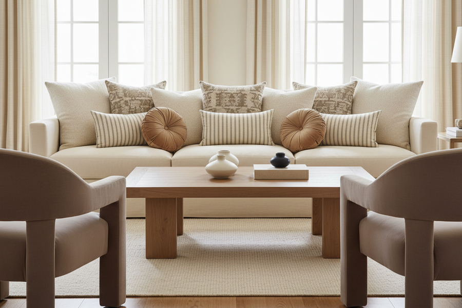 Cream soda with decorative pillow covers wood coffee table in airy bright living room 