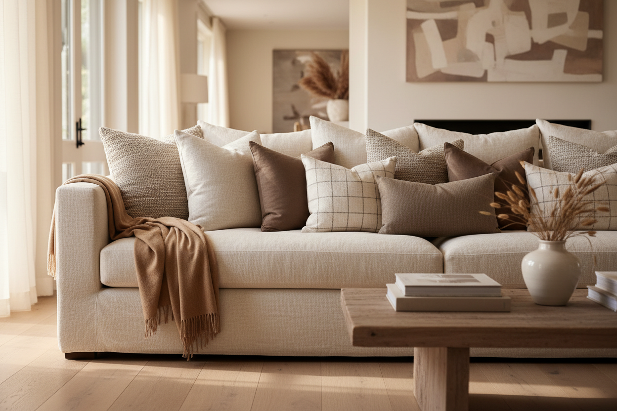 Cream sofa with neutral patterned pillows of creams and browns with rust throw and all coffee table. 