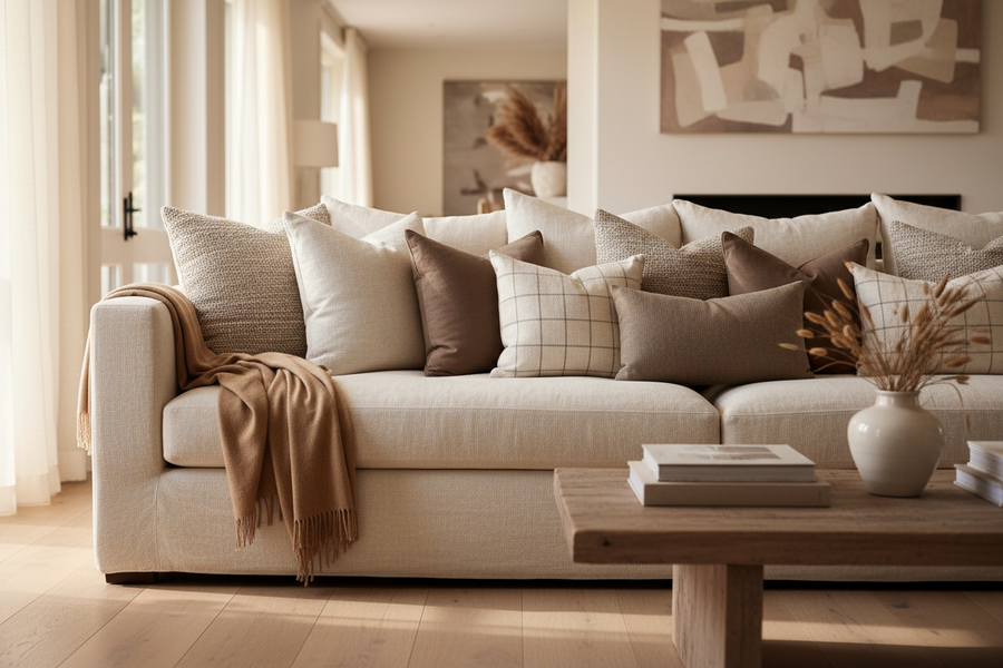 Cream sofa with neutral patterned pillows of creams and browns with rust throw and all coffee table. 