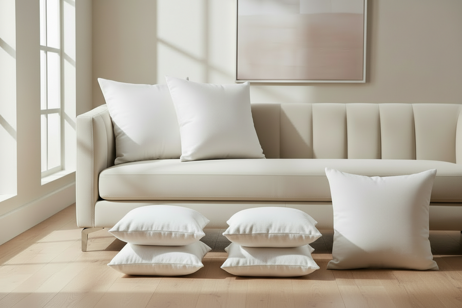 Decorative throw pillows styled with plush  pillow inserts on a neutral sofa in a modern living room.