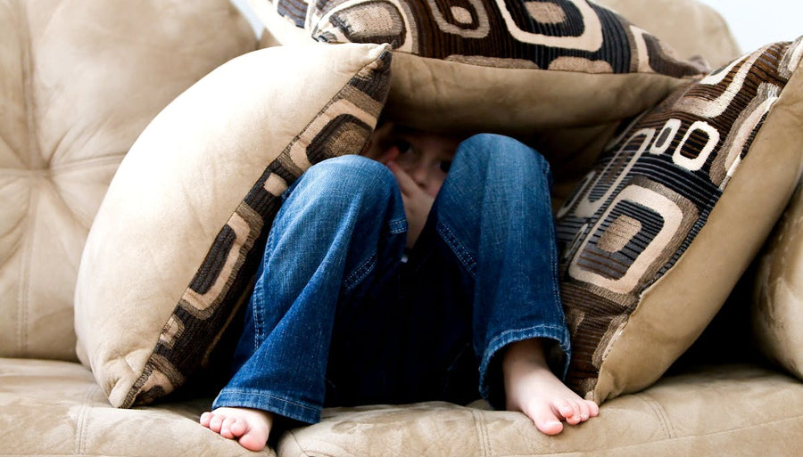 child underneath a bunch of couch pillows