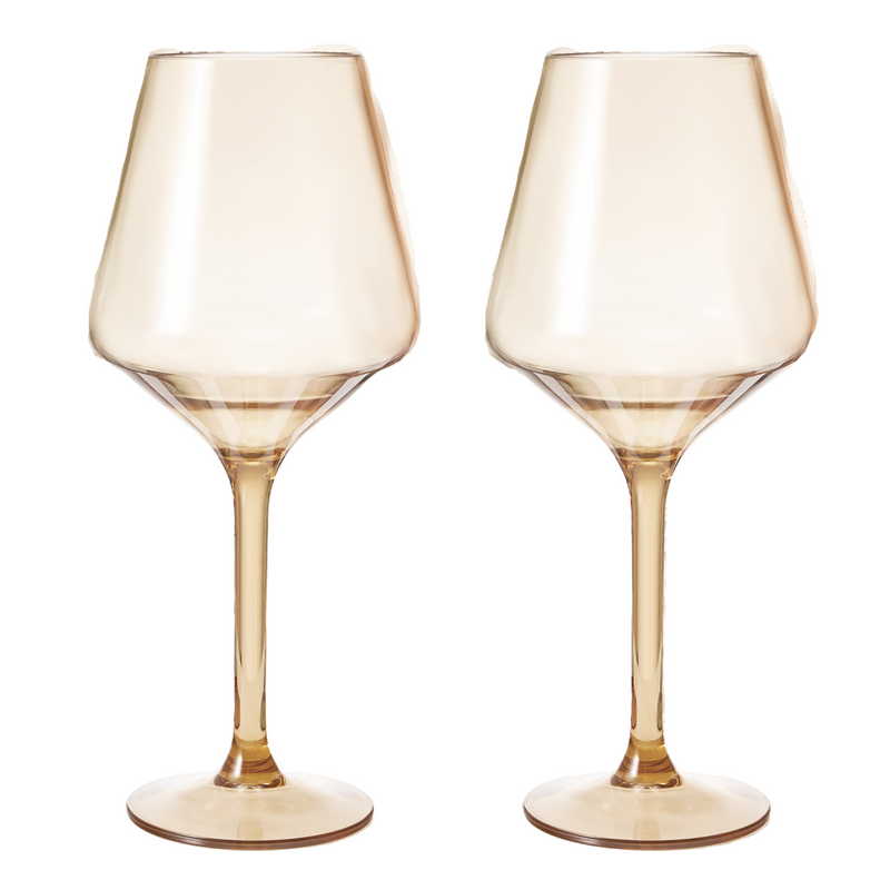 Set of 2 beige Saint Tropez acrylic stemmed wine glasses on outdoor table