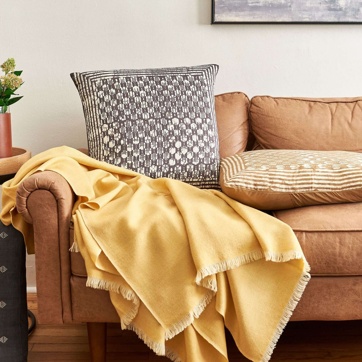 Oasis Gold wax block print mulberry silk pillow cover, 20x20 – One Affirmation