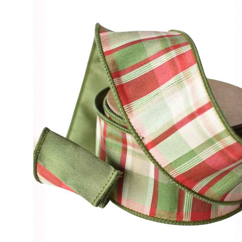 Red Green Tan Plaid Dupioni Silk Ribbon