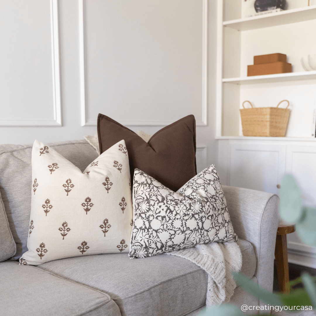 Mia Floral Block Printed Pillow Cover | Brown