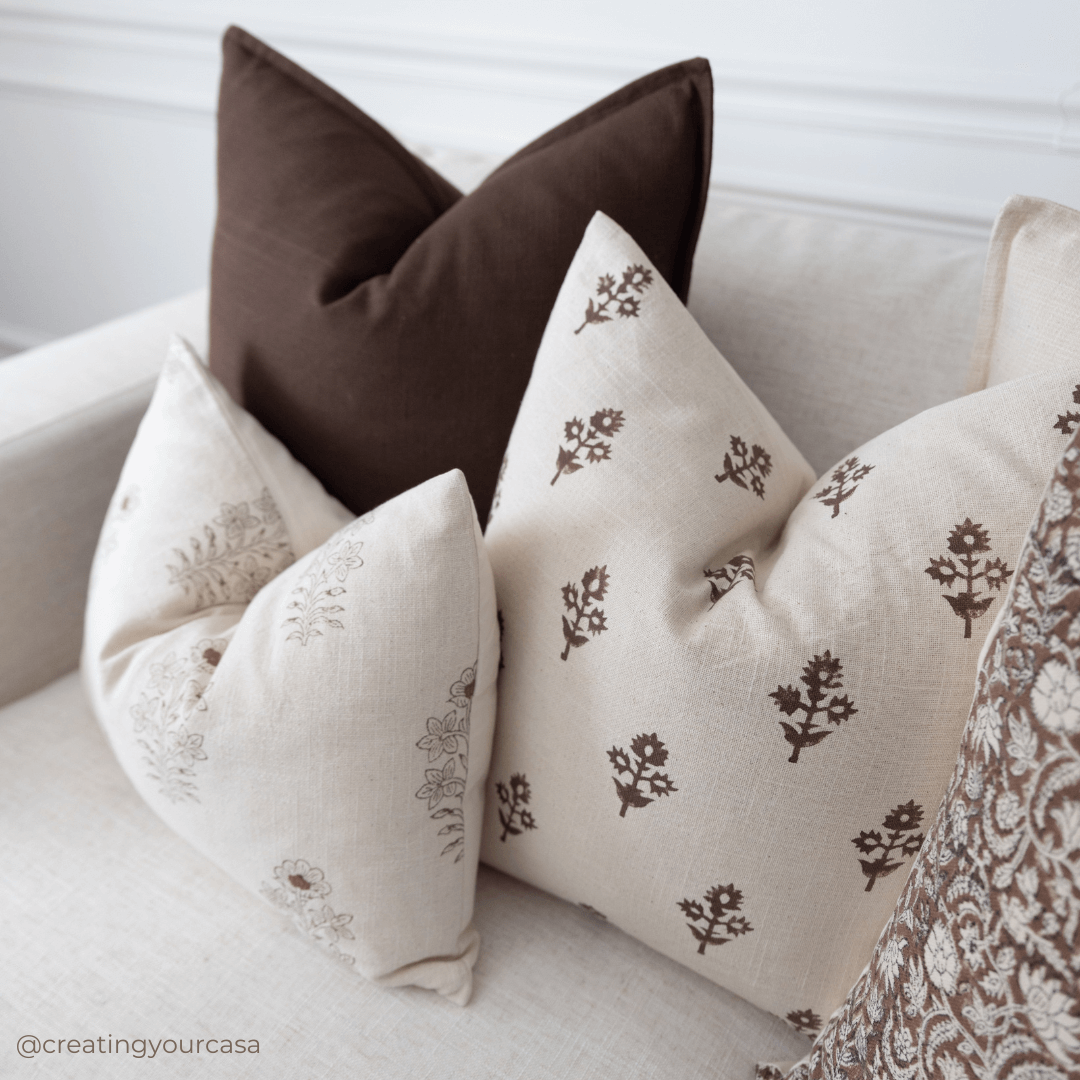 Mia Floral Block Printed Pillow Cover | Brown