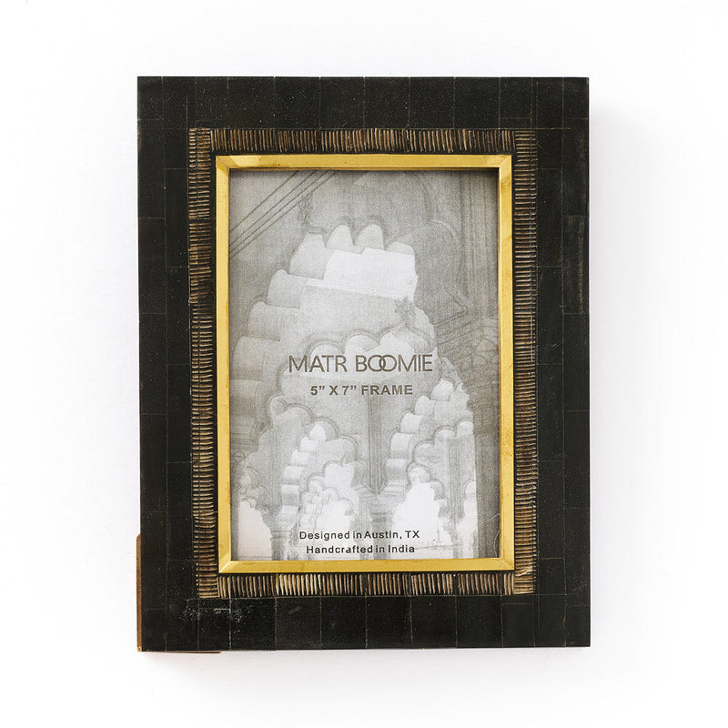 Black horn picture frame with gold brass inlay border