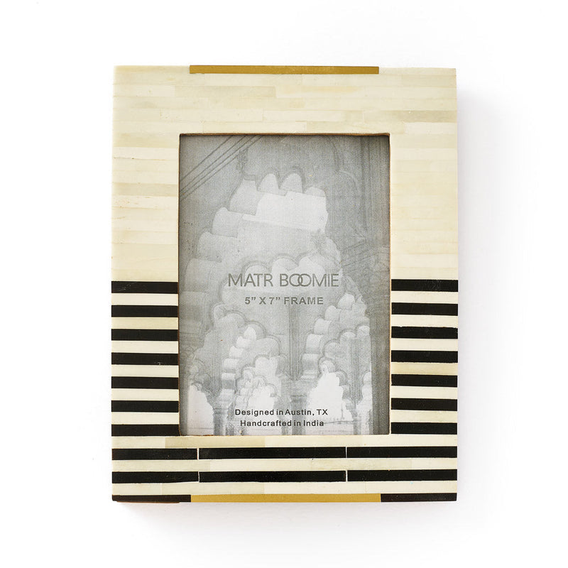 Black and white bone inlay picture frame with brass accents