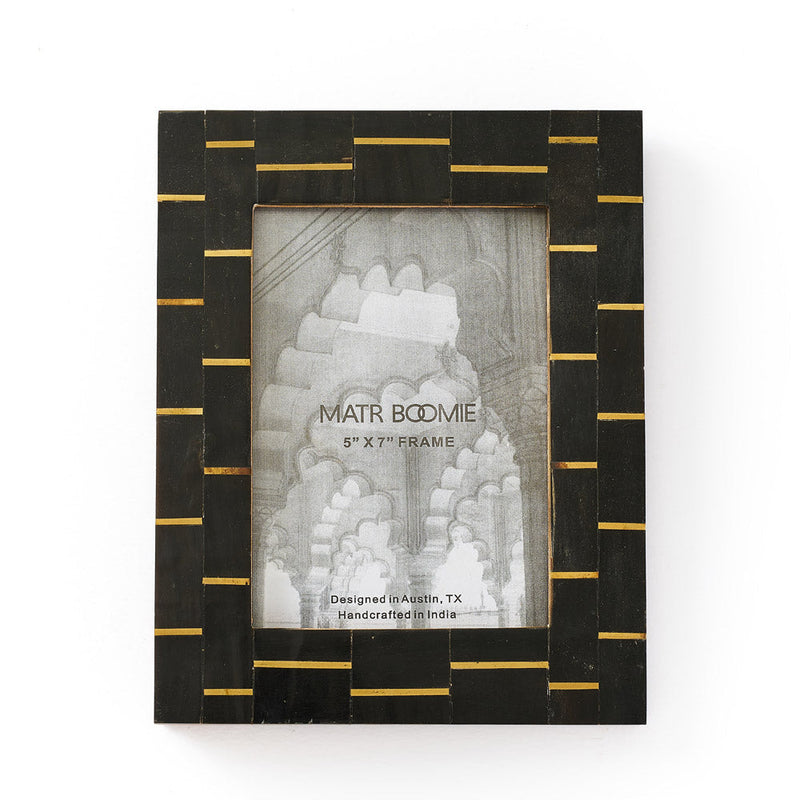 Black horn picture frame with brass dash inlay detailing