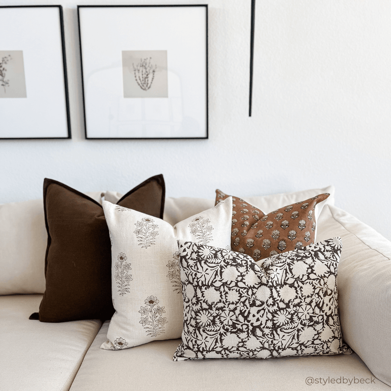 Ella Floral Block Printed Pillow Cover | Light Brown + TerracottaDetail