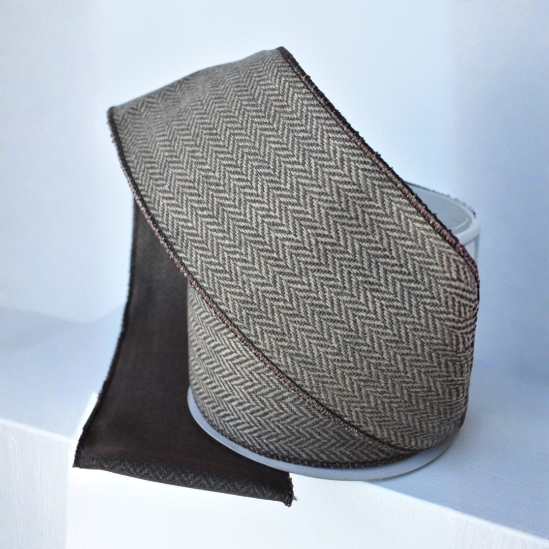 Brown Tan Woven Herring Bone Ribbon