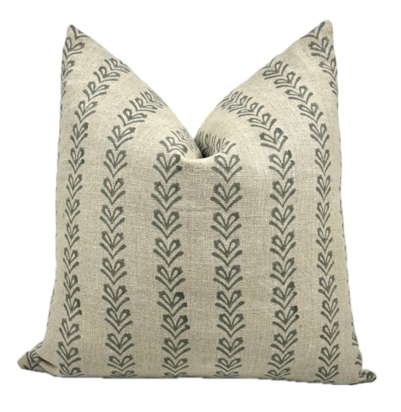 Yvette Slate Blue Block Print Linen Pillow Cover