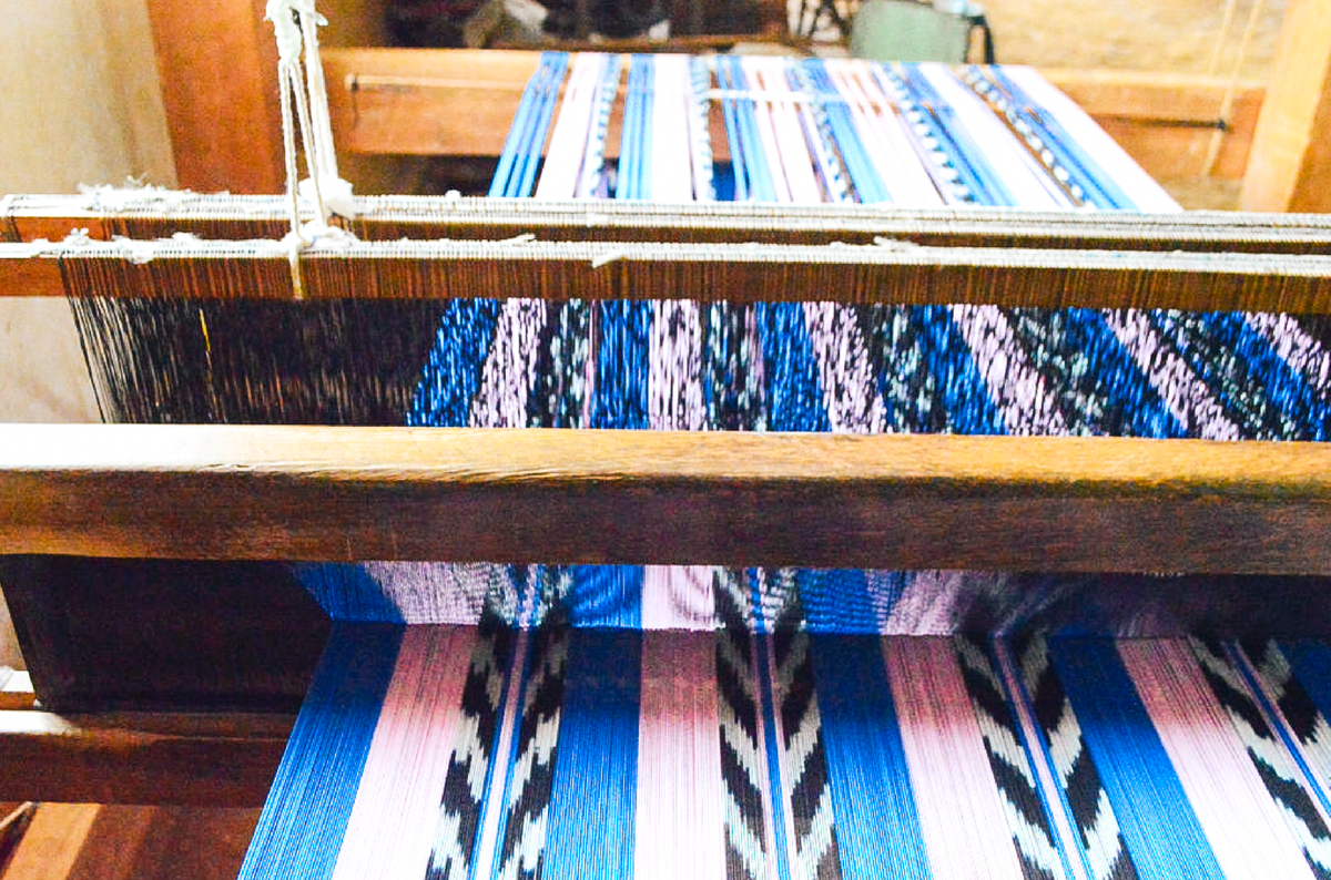 Palm ikat blanket in blue and pink, styled