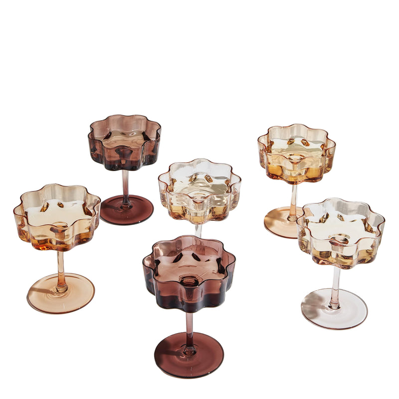 Flower Wave Coupe Glasses in Venus brown set of 6